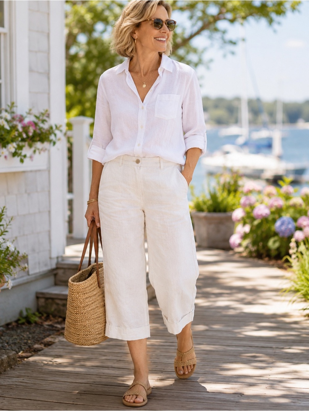 Talbots Irish Linen Cropped Pants 12W Wide Leg Off White Coastal Cottagecore